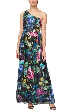 SLNY 9171928 - Asymmetrical Neck Floral Dress