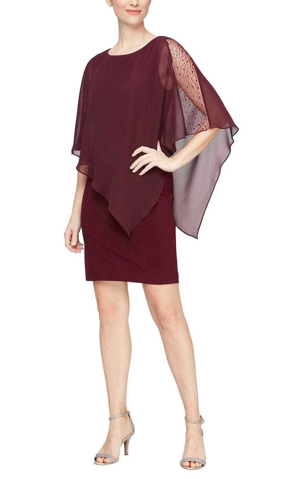 SLNY 9177437 - Beaded Cape Chiffon Dress