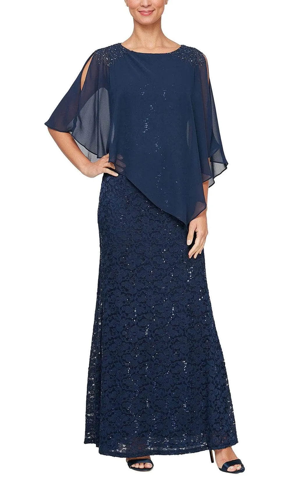 SLNY 9413121 - Sequin Capelet Evening Dress