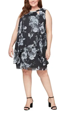 SLNY 9471927 - Cascade Detail Floral Plus Dress