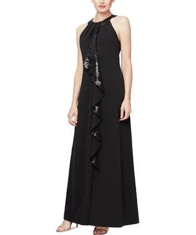 SLNY Womens Halter Maxi Evening Dress