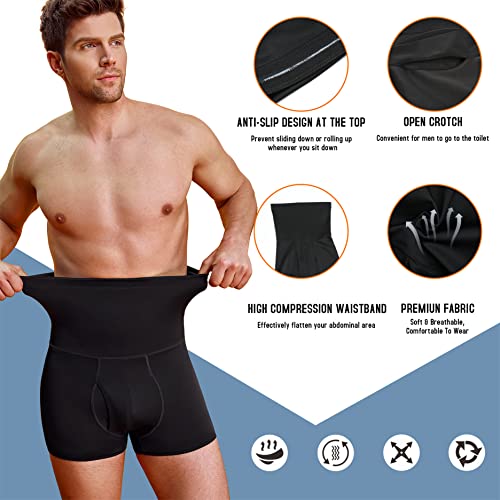 TAILONG Men Tummy Control Shorts High Waist Slimming Underwear Body Shaper Seamless Belly Girdle Boxer Briefs (Black with Fly, X