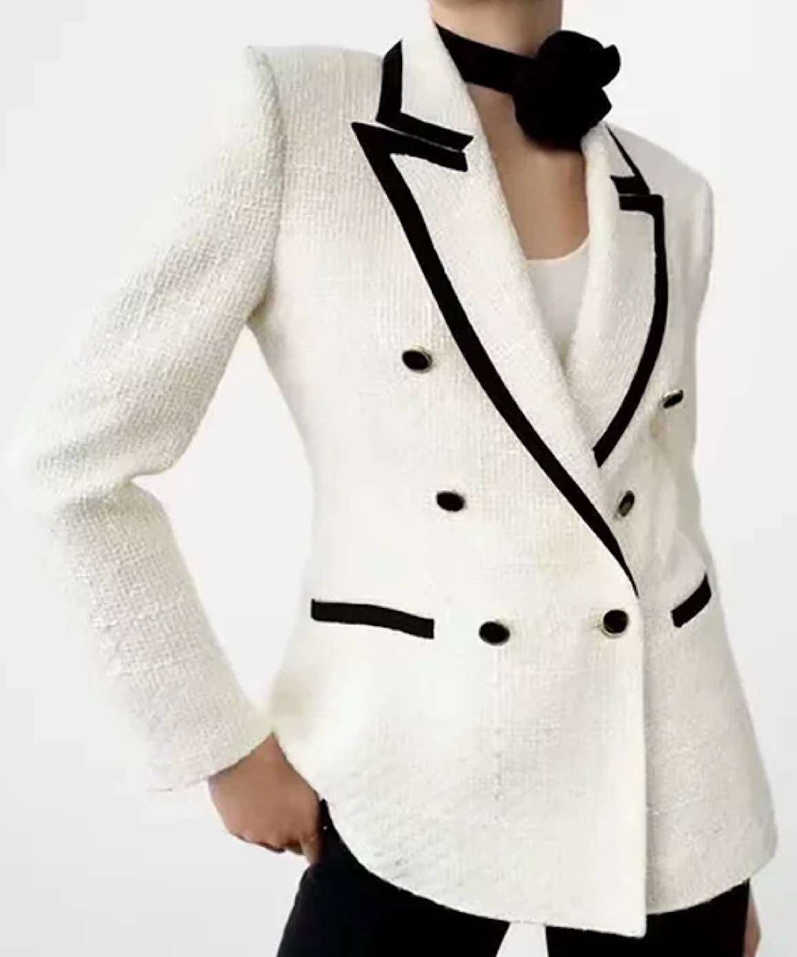 Tweed Long Lapel Knitted Blazer with Contrast Edges