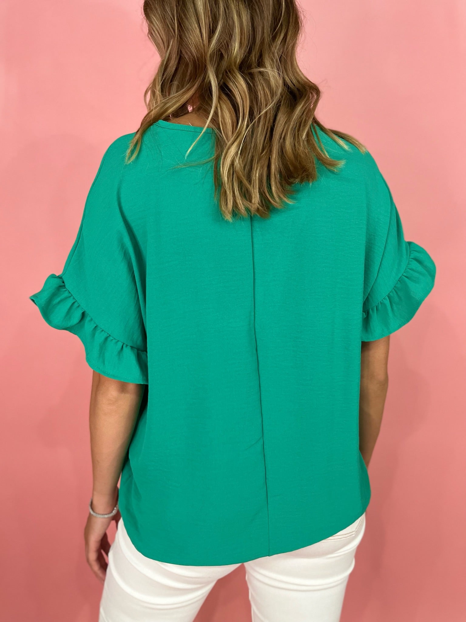 V-Neck Ruffle Detail Top - Kelly Green