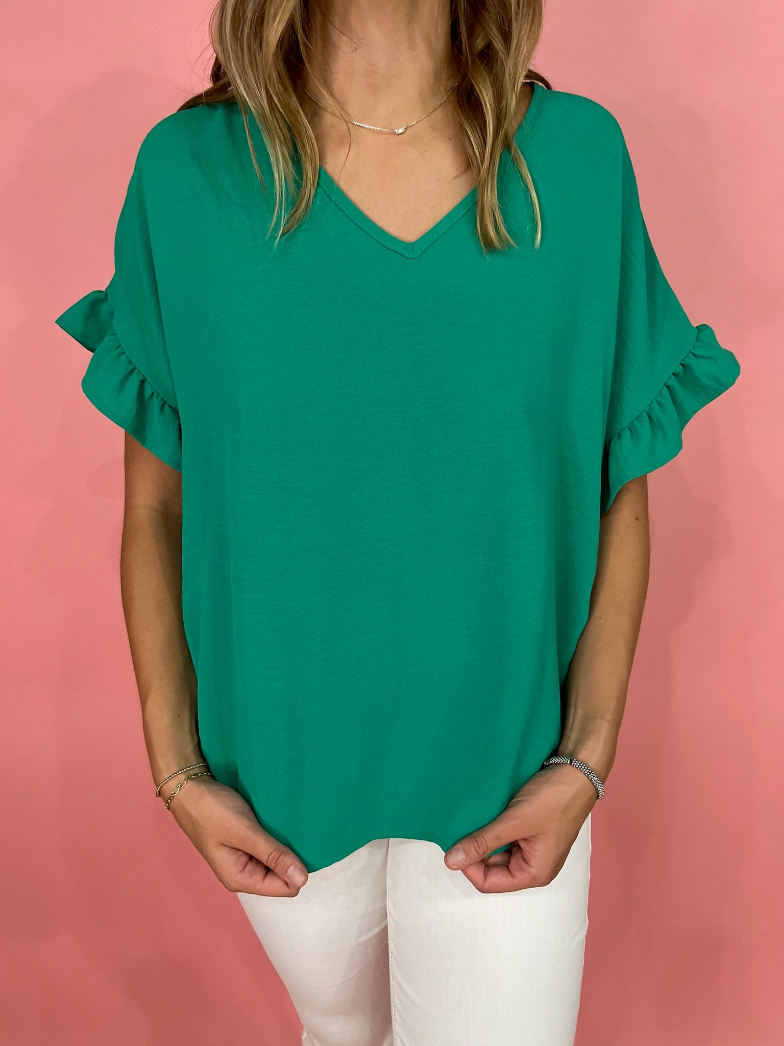 V-Neck Ruffle Detail Top - Kelly Green