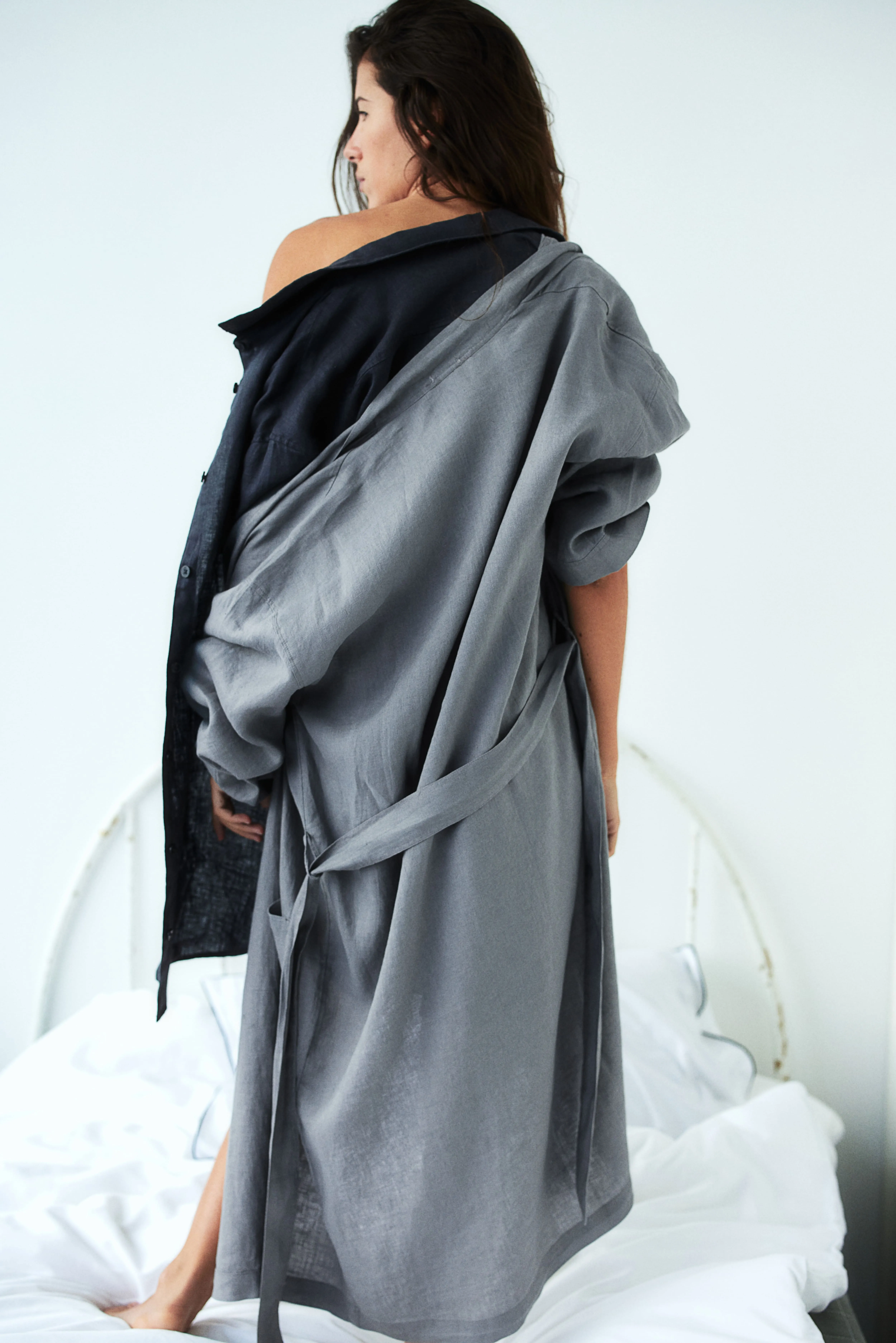 Washed linen dressing gown - Long sleeve - Knee length - Grey - Home All | H&M GB