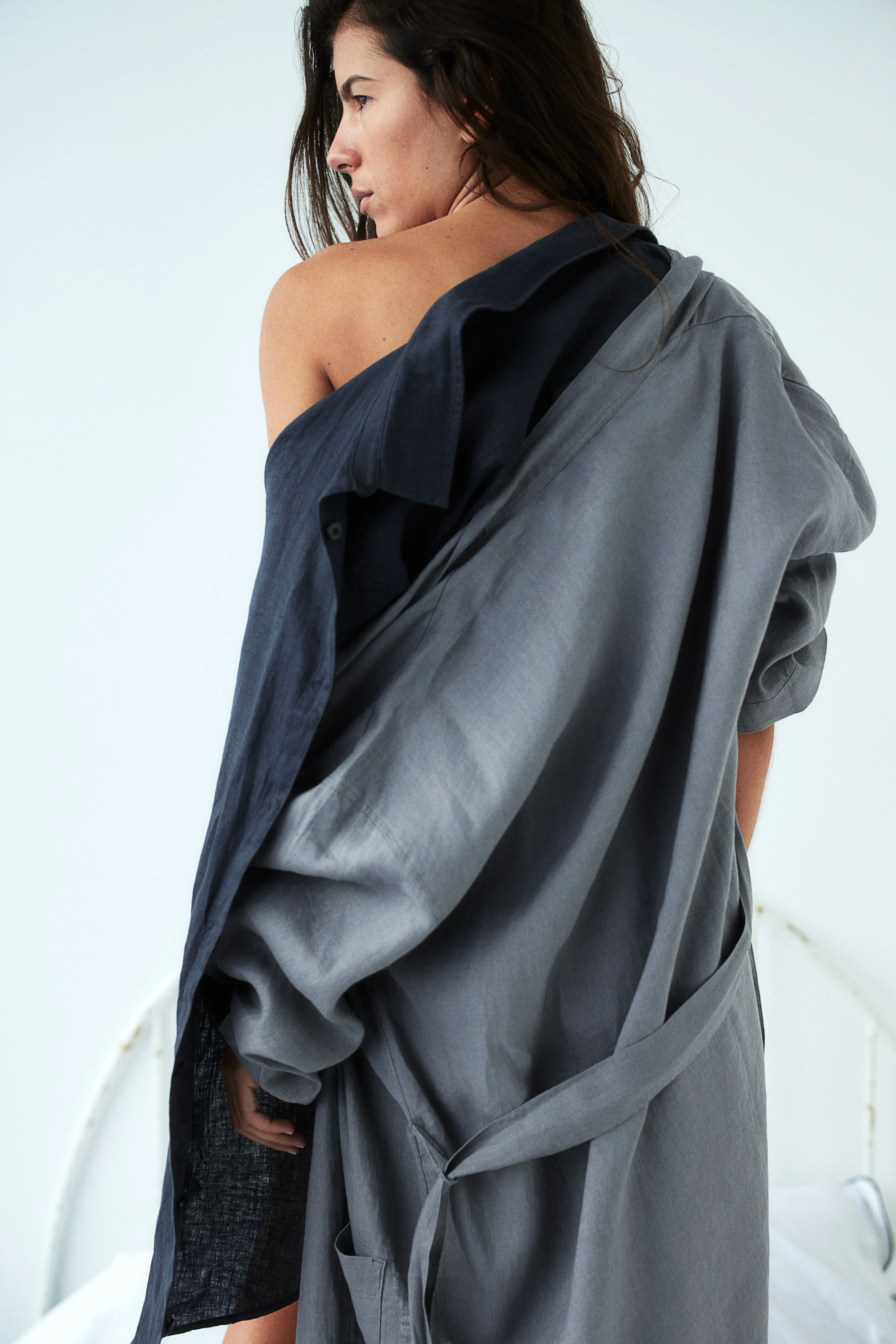 Washed linen dressing gown - Long sleeve - Knee length - Grey - Home All | H&M GB