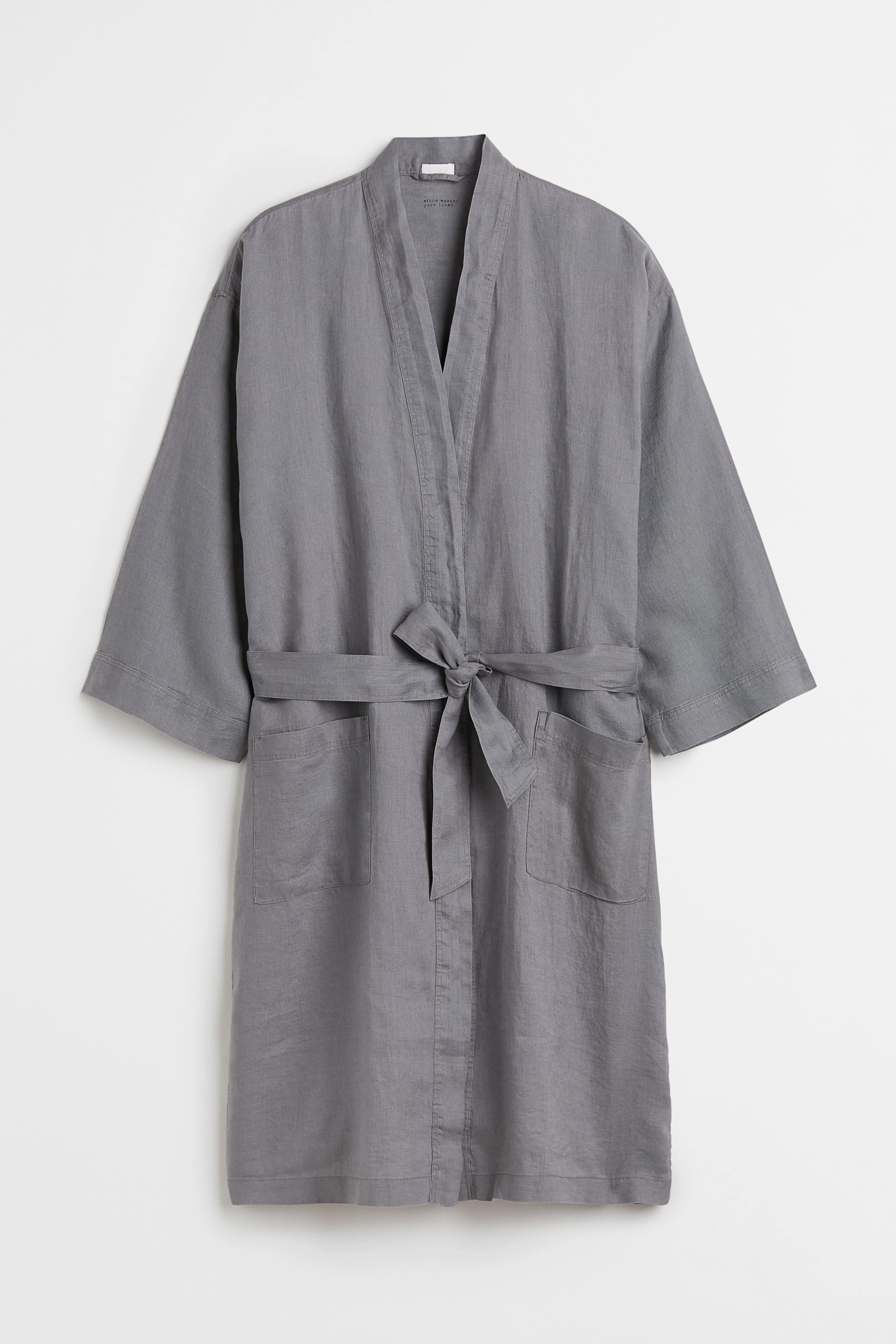 Washed linen dressing gown - Long sleeve - Knee length - Grey - Home All | H&M GB