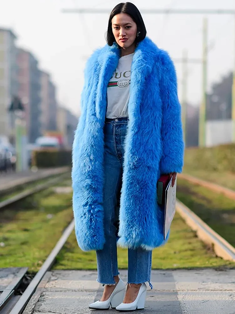 Winter Women High Quality Faux Fur Coat Luxury Long Fur Coat Midi Length