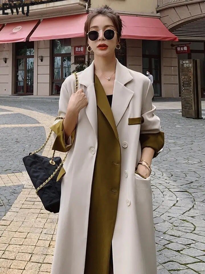 Women Trench Coat Color-block Patchwork Design Lapel Single Breasted Casual Loose Women High Quality Windbreaker Overcoat S47480