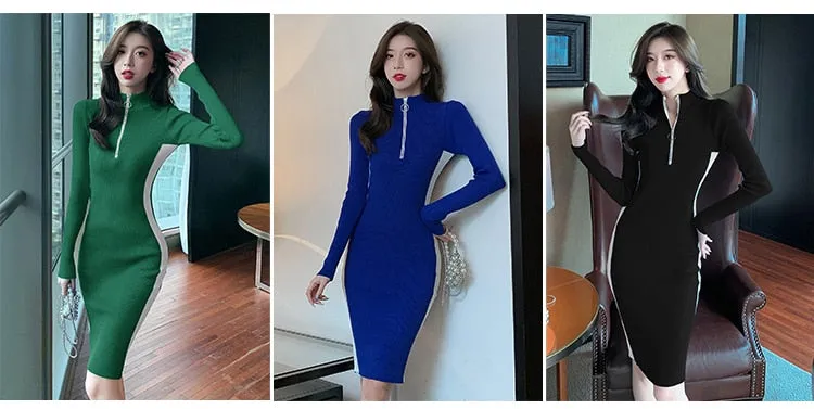 Women's Office Casual Long Sleeve Slim Fit Knee-Length Party Dress