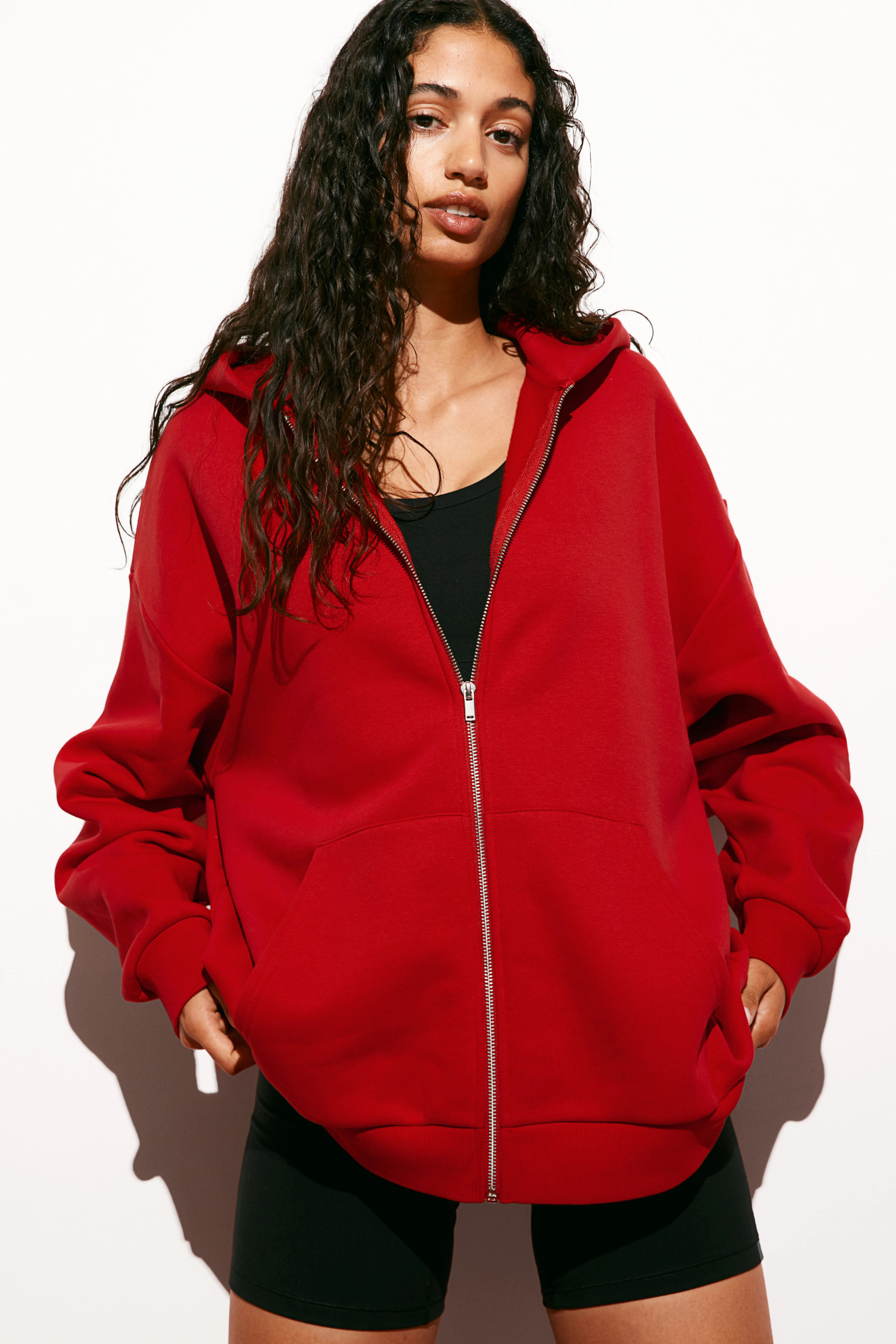 Zip-through sports hoodie - Long sleeve - Regular length - Red - Ladies | H&M GB